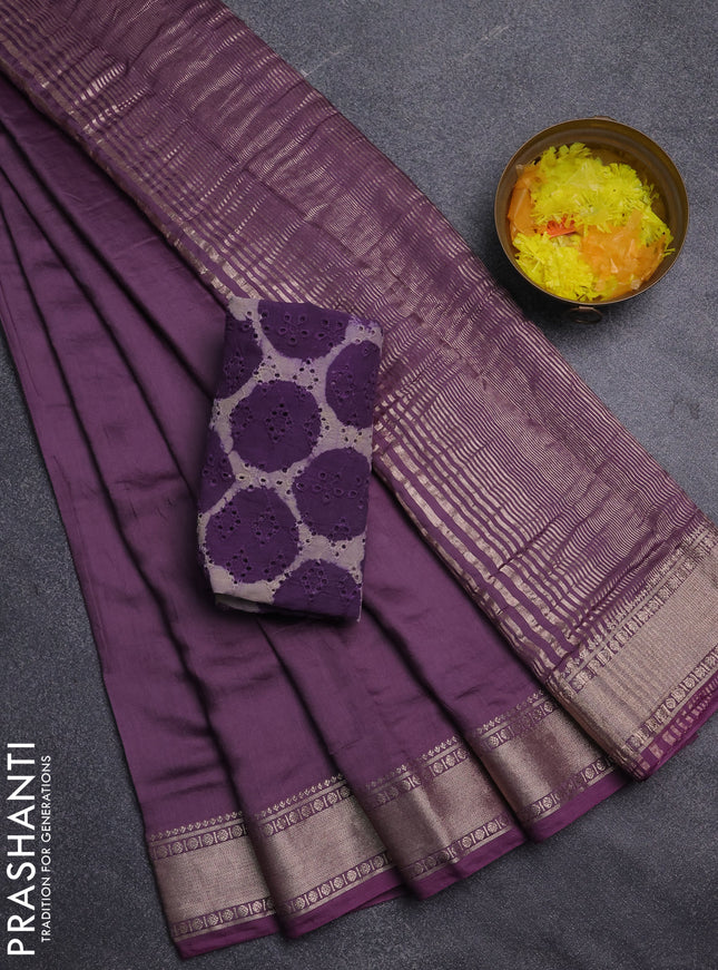 Semi chanderi saree purple with plain body and zari woven border