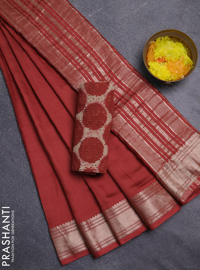 Semi chanderi saree rust shade with plain body and zari woven border