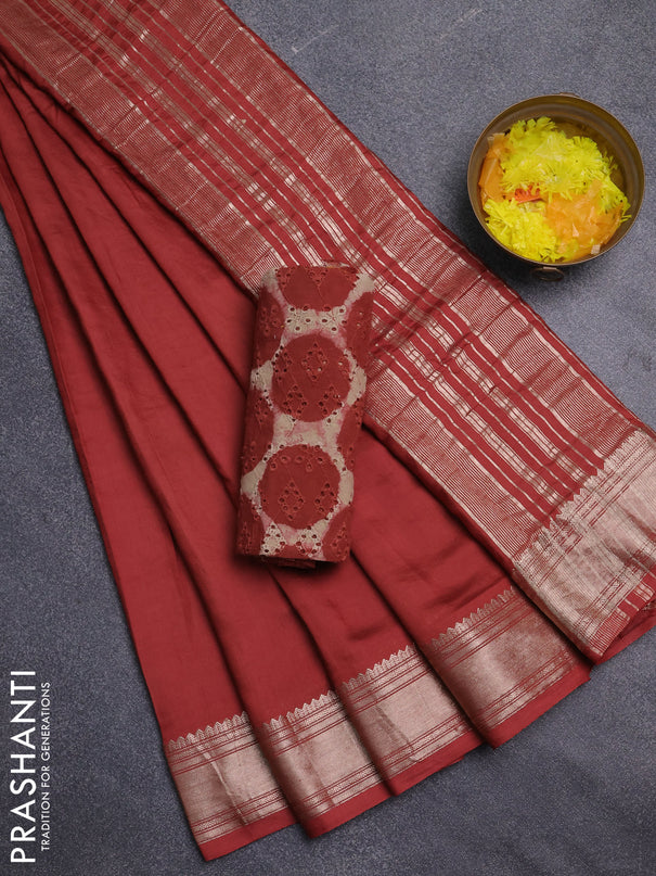 Semi chanderi saree rust shade with plain body and zari woven border