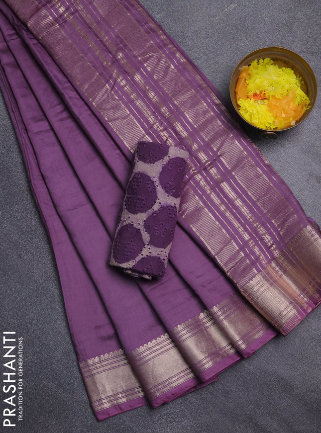Semi chanderi saree purple with plain body and zari woven border