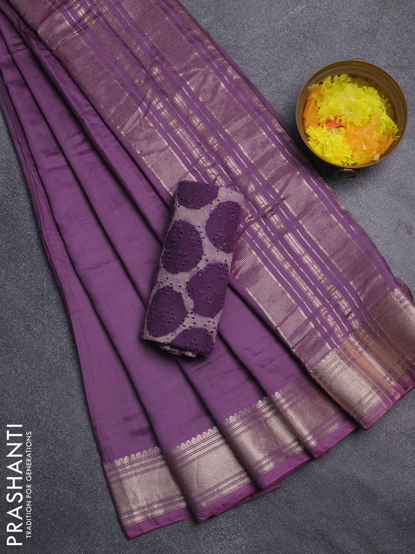 Semi chanderi saree purple with plain body and zari woven border