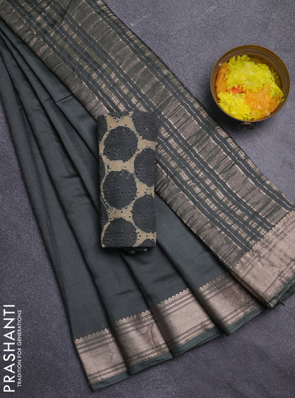 Semi chanderi saree green with plain body and zari woven border