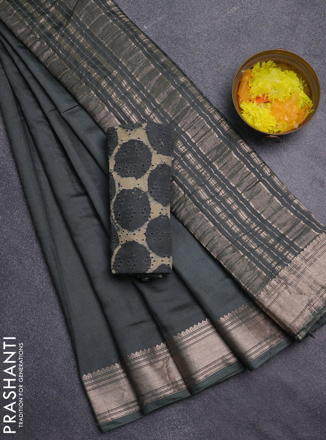 Semi chanderi saree green with plain body and zari woven border