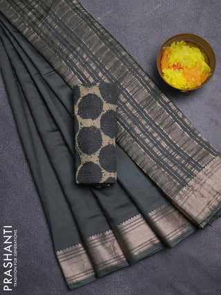 Semi chanderi saree green with plain body and zari woven border