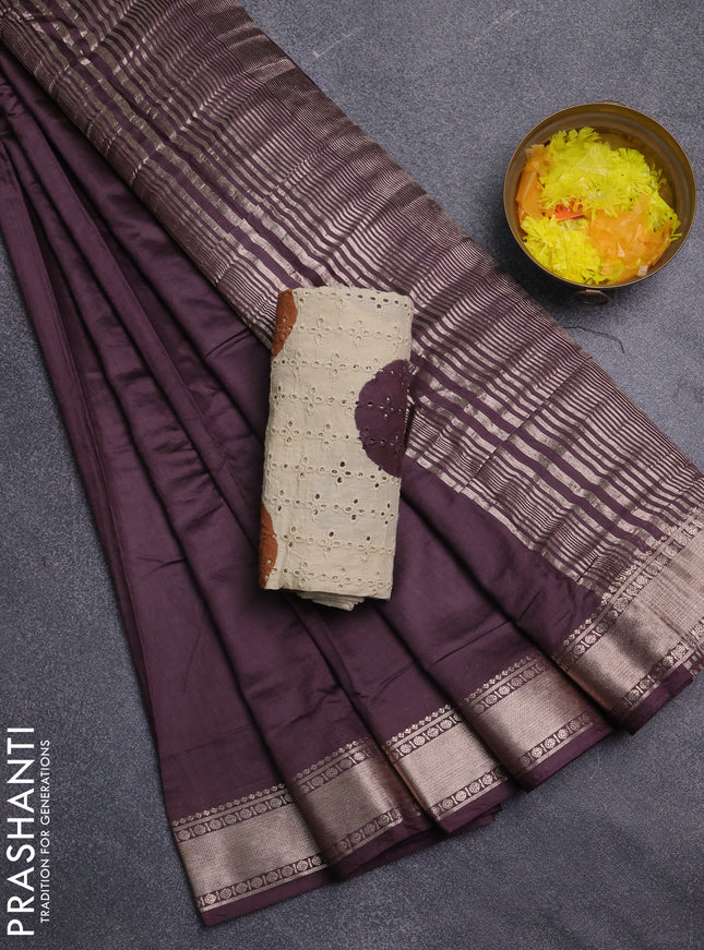 Semi chanderi saree coffee brown and beige with plain body and zari woven border