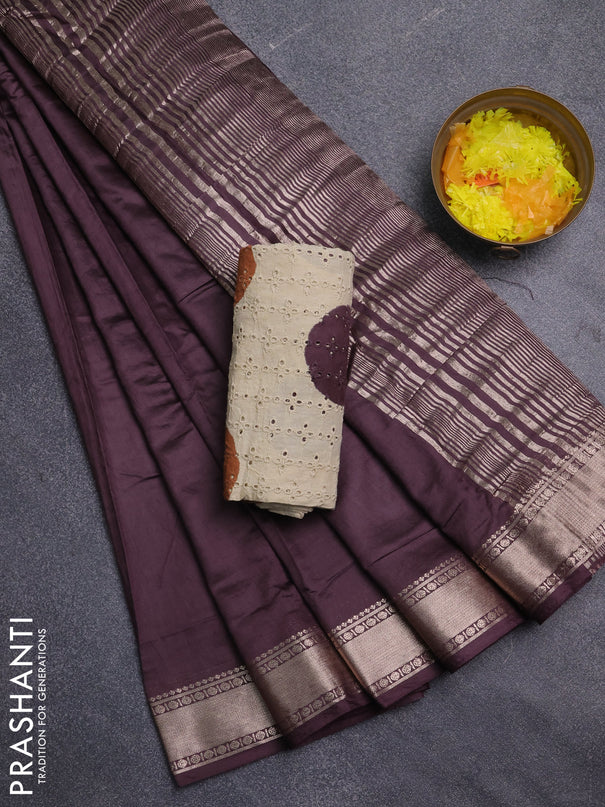 Semi chanderi saree coffee brown and beige with plain body and zari woven border