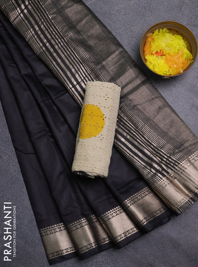 Semi chanderi saree black and beige with plain body and zari woven border