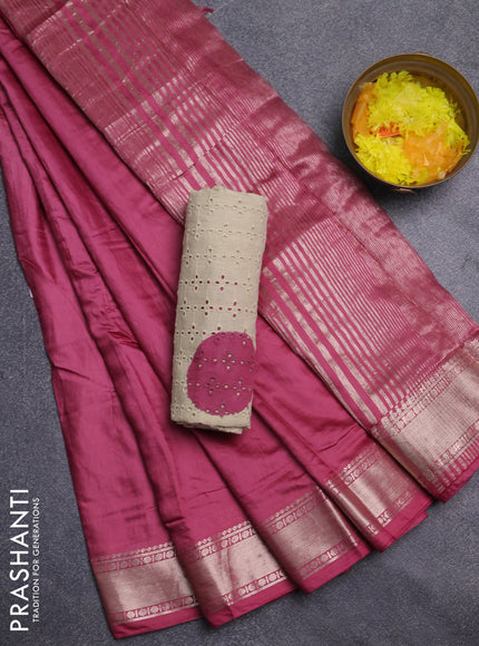 Semi chanderi saree mauve pink and beige with plain body and zari woven border