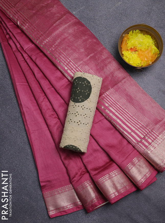 Semi chanderi saree pink and beige with plain body and zari woven border