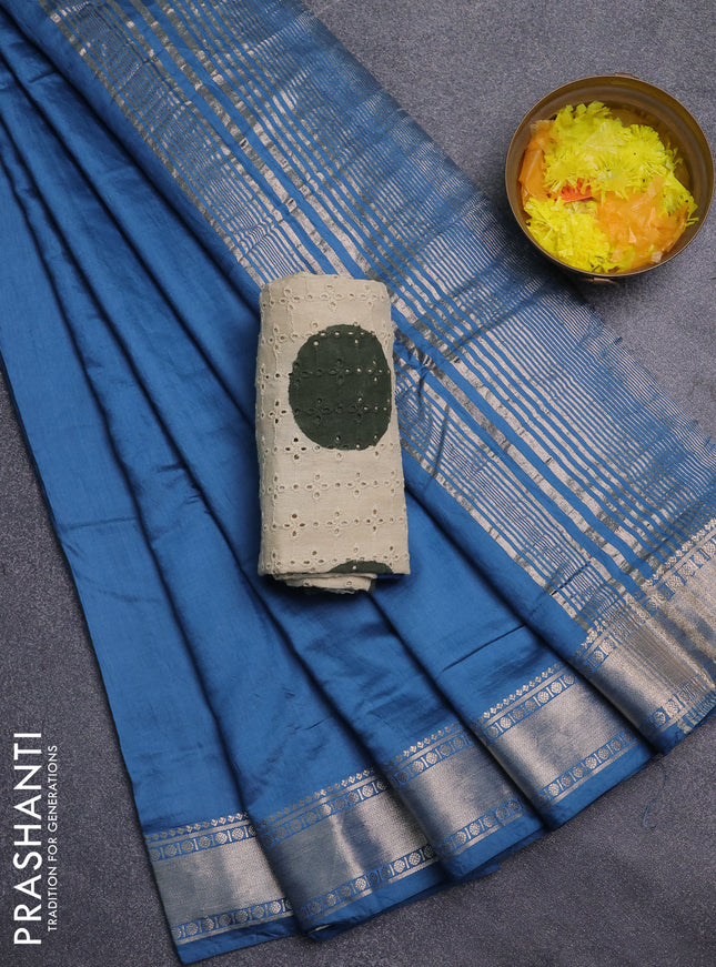 Semi chanderi saree blue and beige with plain body and zari woven border