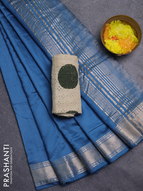 Semi chanderi saree blue and beige with plain body and zari woven border