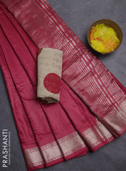 Semi chanderi saree maroon and beige with plain body and zari woven border