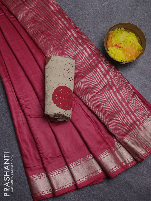 Semi chanderi saree maroon and beige with plain body and zari woven border