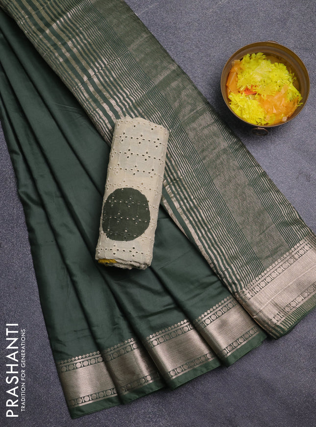 Semi chanderi saree olive green and beige with plain body and zari woven border