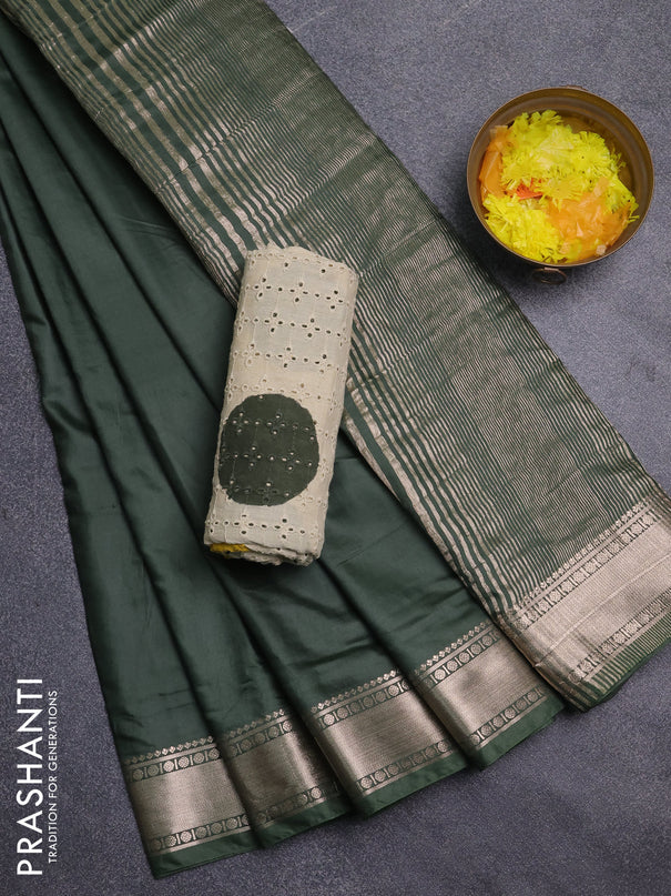 Semi chanderi saree olive green and beige with plain body and zari woven border