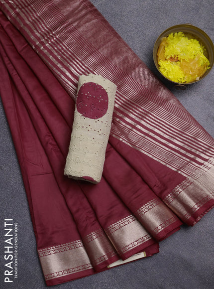 Semi chanderi saree maroon and beige with plain body and zari woven border