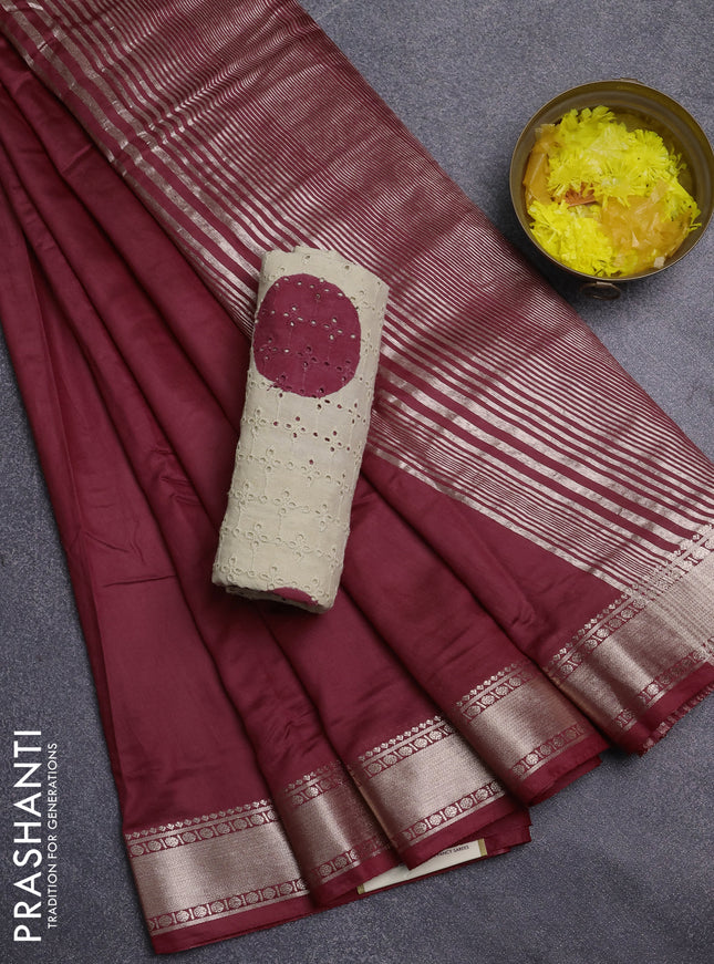 Semi chanderi saree maroon and beige with plain body and zari woven border