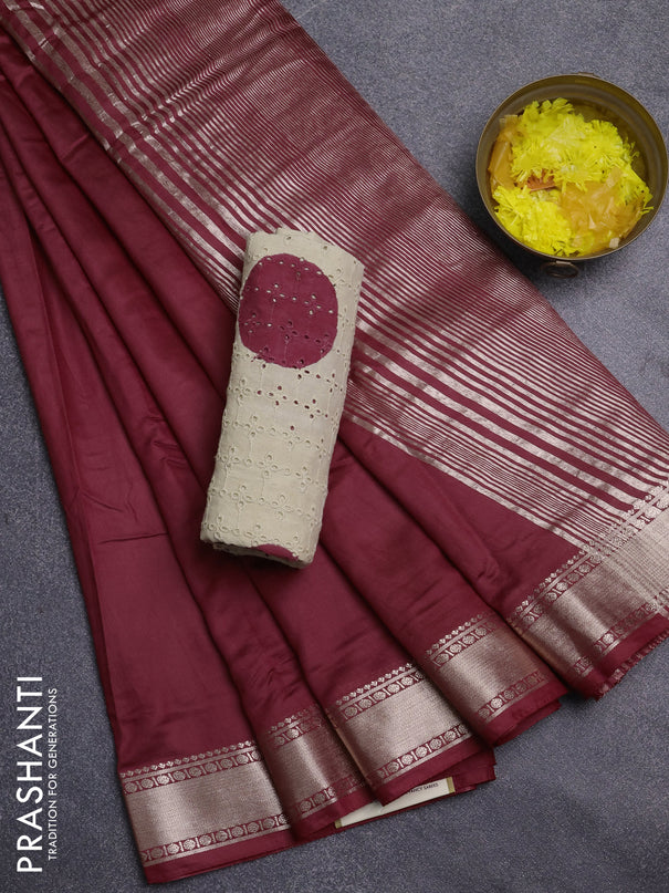 Semi chanderi saree maroon and beige with plain body and zari woven border