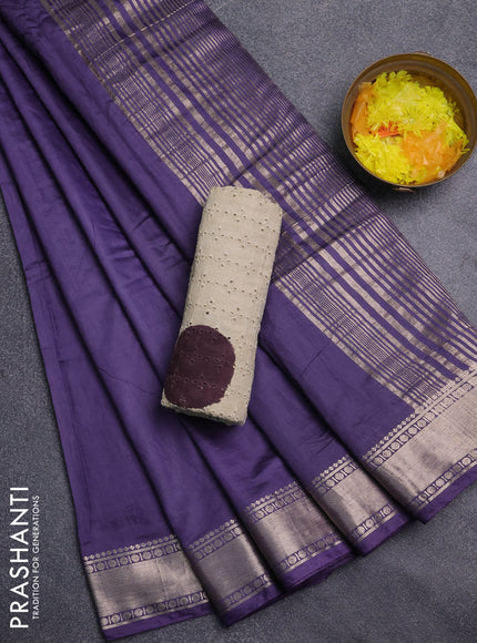 Semi chanderi saree deep purple and beige with plain body and zari woven border