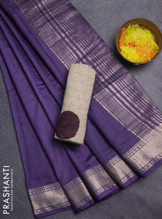 Semi chanderi saree deep purple and beige with plain body and zari woven border