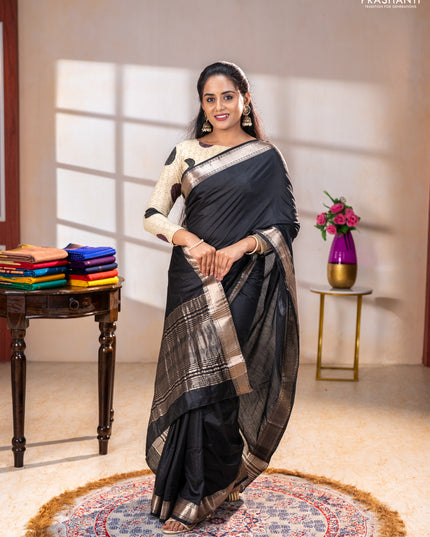Semi chanderi saree black and beige with plain body and zari woven border