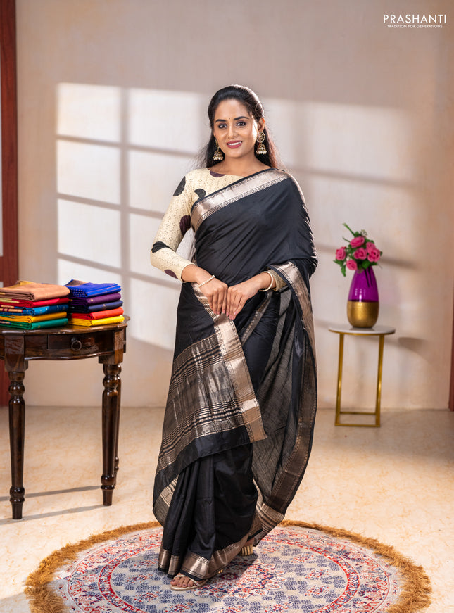 Semi chanderi saree black and beige with plain body and zari woven border