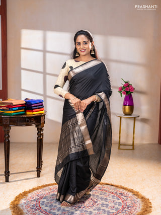 Semi chanderi saree black and beige with plain body and zari woven border