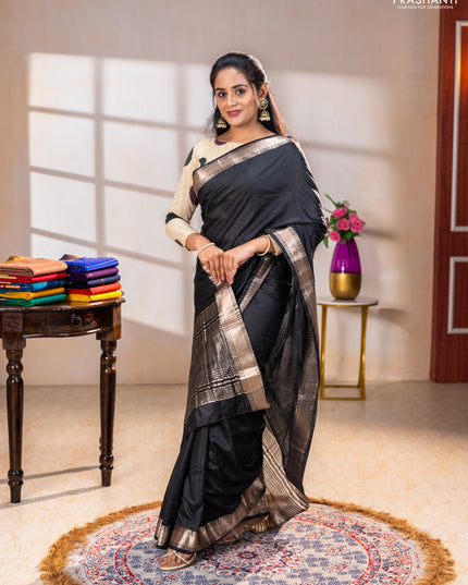 Semi chanderi saree black and beige with plain body and zari woven border