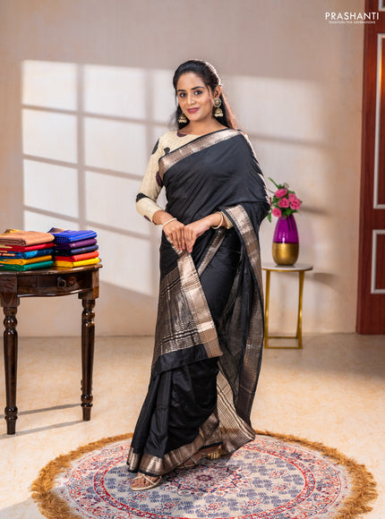 Semi chanderi saree black and beige with plain body and zari woven border