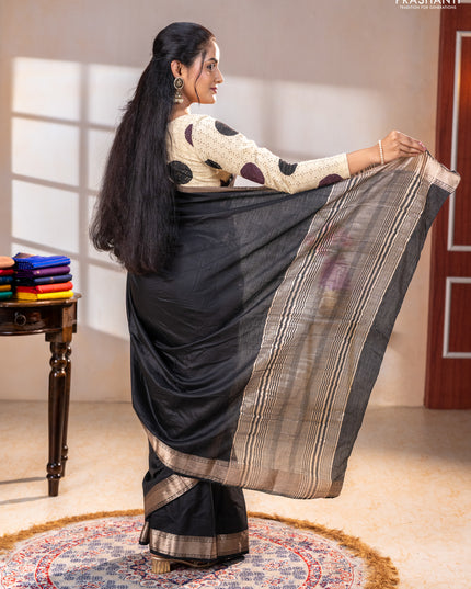 Semi chanderi saree black and beige with plain body and zari woven border
