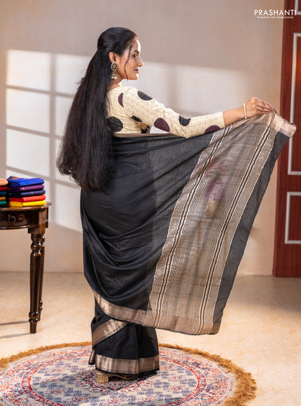Semi chanderi saree black and beige with plain body and zari woven border