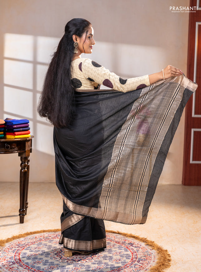 Semi chanderi saree black and beige with plain body and zari woven border