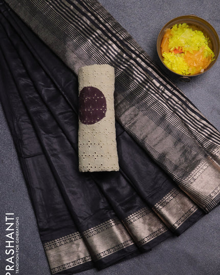 Semi chanderi saree black and beige with plain body and zari woven border