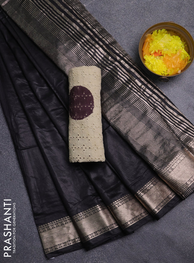 Semi chanderi saree black and beige with plain body and zari woven border