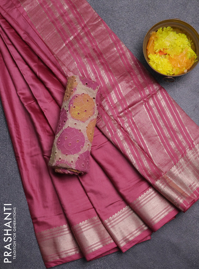 Semi chanderi saree mauve pink and beige with plain body and zari woven border