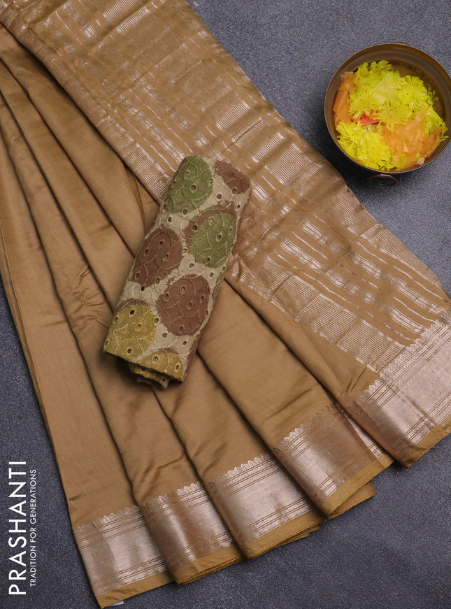 Semi chanderi saree sandal and beige with plain body and zari woven border