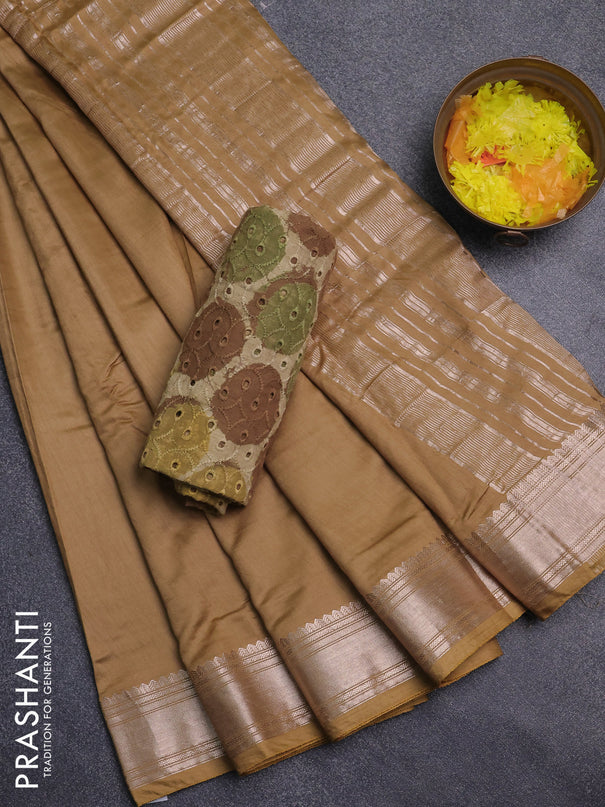 Semi chanderi saree sandal and beige with plain body and zari woven border