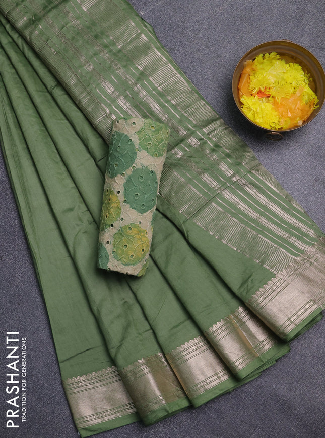 Semi chanderi saree light green and beige with plain body and zari woven border