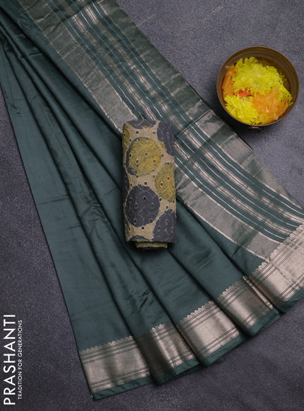 Semi chanderi saree green and beige with plain body and zari woven border