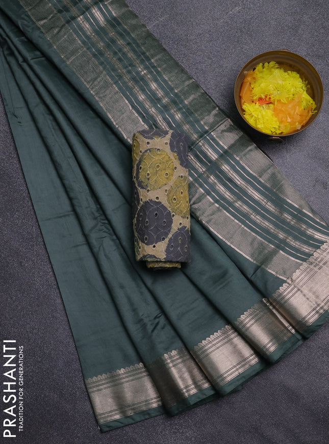 Semi chanderi saree green and beige with plain body and zari woven border