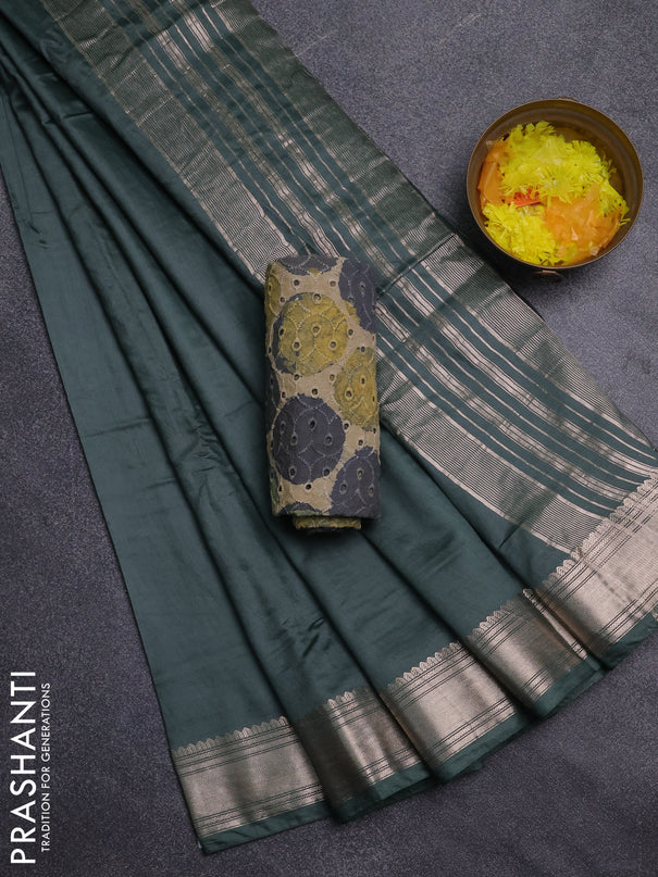 Semi chanderi saree green and beige with plain body and zari woven border