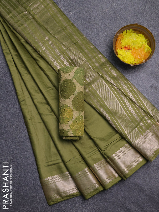 Semi chanderi saree mehendi green and beige with plain body and zari woven border