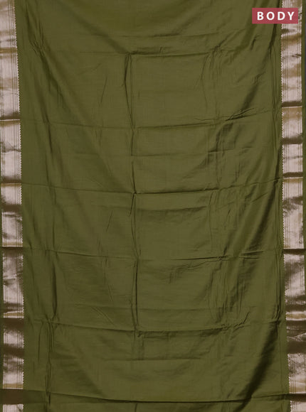 Semi chanderi saree mehendi green and beige with plain body and zari woven border