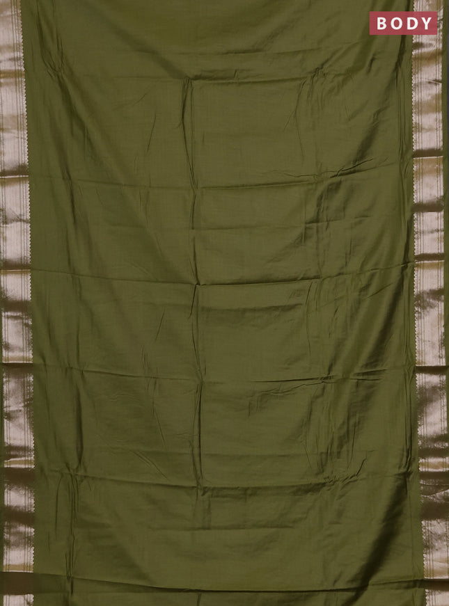 Semi chanderi saree mehendi green and beige with plain body and zari woven border