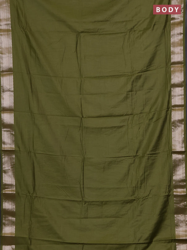 Semi chanderi saree mehendi green and beige with plain body and zari woven border