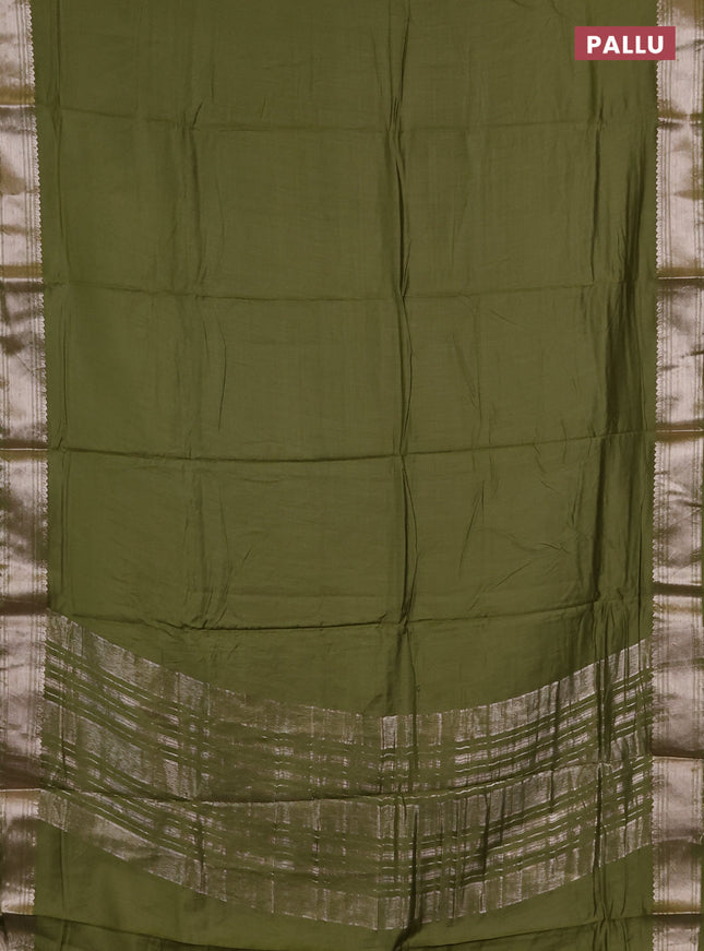 Semi chanderi saree mehendi green and beige with plain body and zari woven border