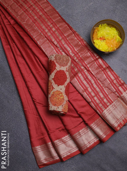 Semi chanderi saree rustic orange and beige with plain body and zari woven border