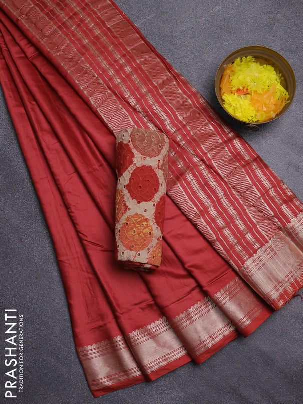 Semi chanderi saree rustic orange and beige with plain body and zari woven border