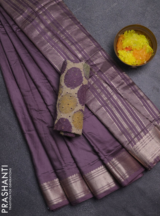 Semi chanderi saree wine shade and beige with plain body and zari woven border