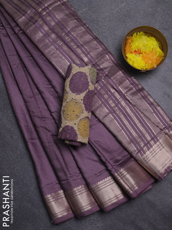 Semi chanderi saree wine shade and beige with plain body and zari woven border